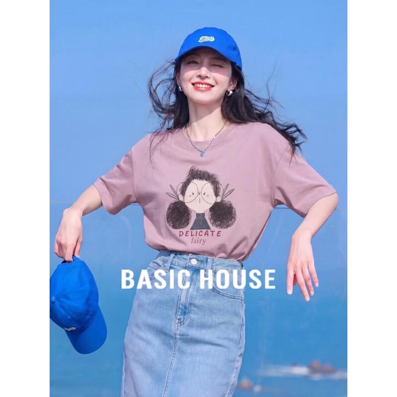 Basic House Women s Pink Print Round Neck Short Sleeve Loose T-Shirt One Size белый