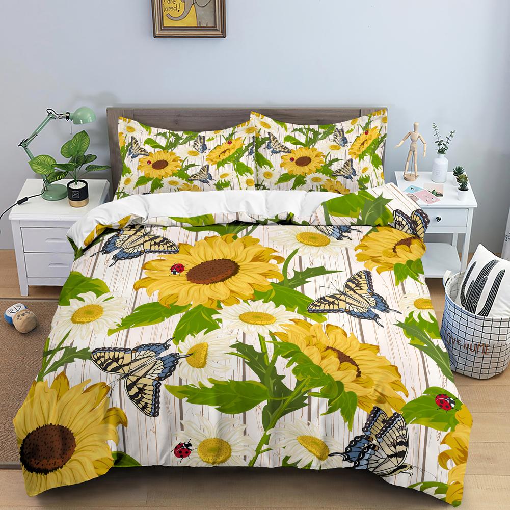 Daisy King Queen Duvet Cover Flowers Butterfly Bedding Set For Kids Teens Adults White Floral Theme 2/3pcs Polyester Quilt Cover