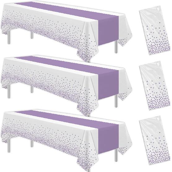 White and Silver Party Decorations Tablecloth, 3 Pack Disposable White Table Cover Printed Silver Table Runner for Birthday Baby Bridal Shower