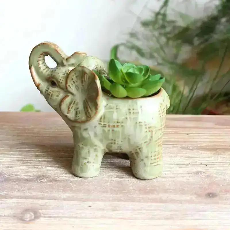 1 Pcs Vintage Ceramic Elephant Crafts Succulent Flower Pot Green Plant Potting Home Garden Decoration