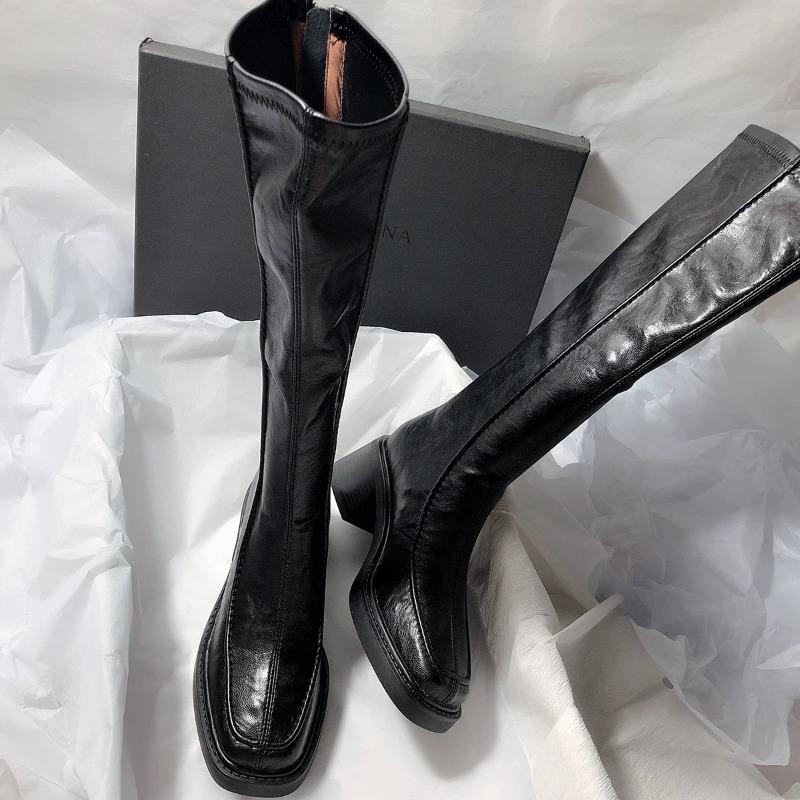 New Vintage Thick Heel Women Knee High Boots Fashion Side Zippers Shoes Autumn Winter Ladies Concise Long Botas De Mujer