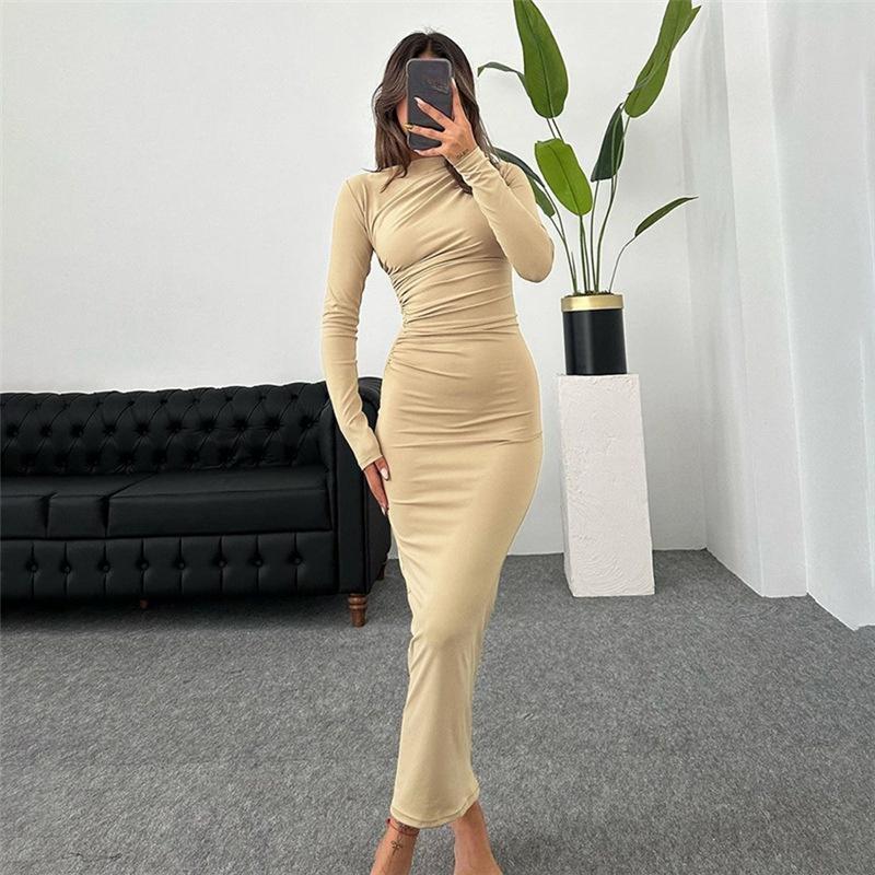 New Women's Round Neck Long Sleeved Bodycon Dresses Tight Casual Solid Color Wrap Long Dress Clothing