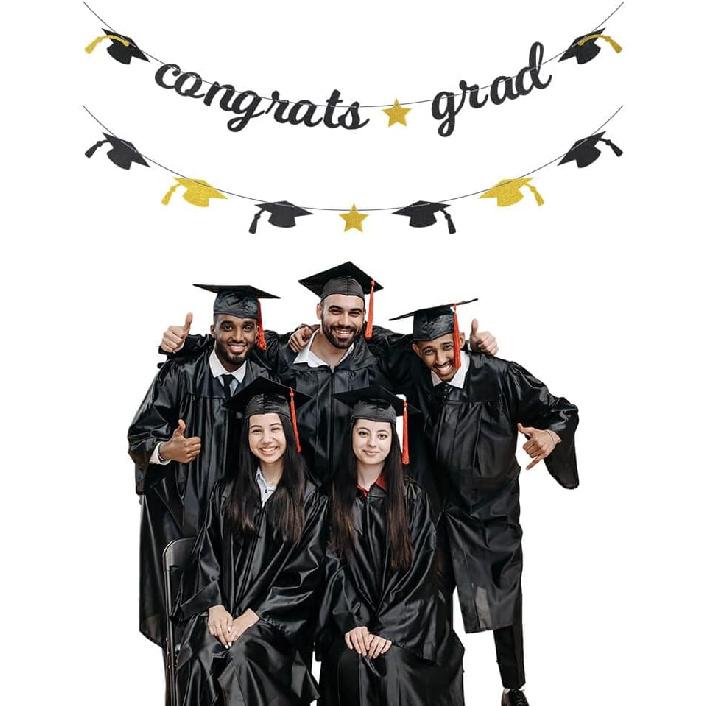 Congrats Grad Glitter Banner 2025 Graduation Congratulations Party Decorations Black Gold