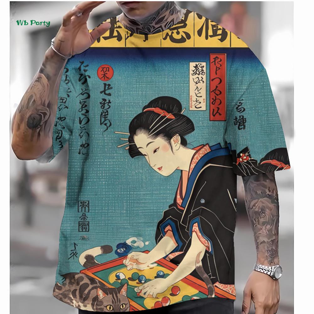 Japanese Style Men's T-Shirt 3D Ukiyo-E Pattern Short Sleeve T-Shirt Oversized Casual Tops Summer Men's Outdoor Casual Clothing