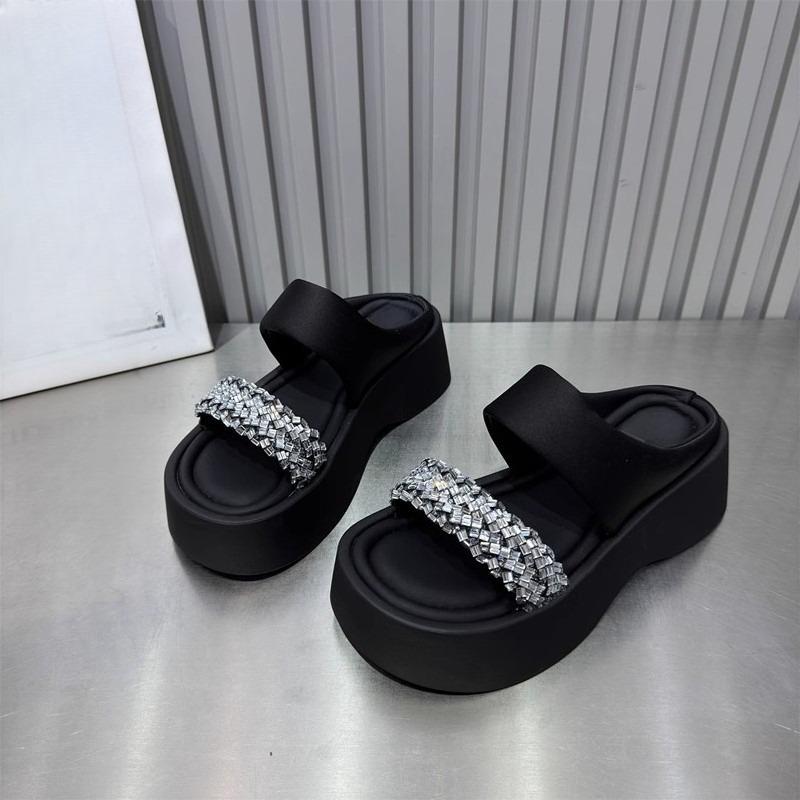 Fashion Platform Wedge Slippers Women's Fashion Round Toe Open Toe Sequin Sequin Strap Platform Non-Slip Cool Mopping