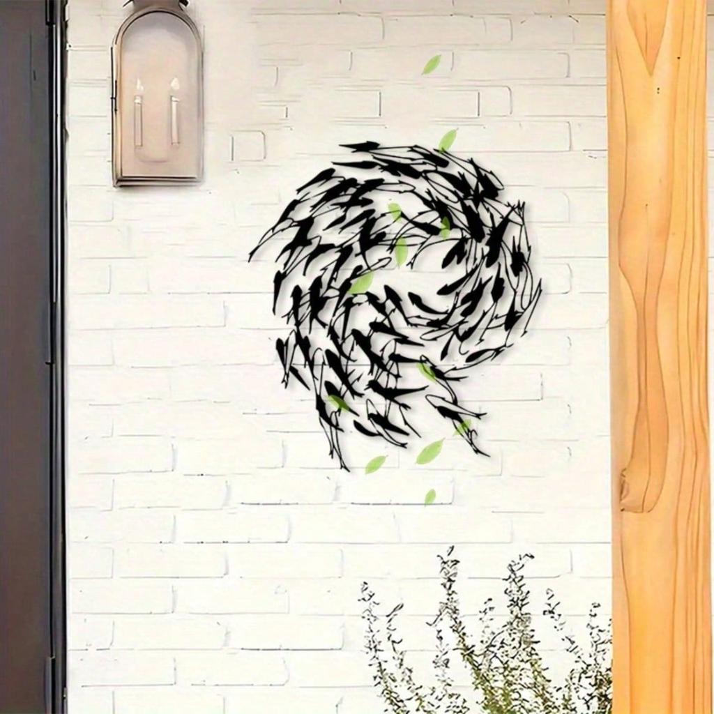 Vintage Metal Fish Wall Art Durable Iron Black Finish Swimming Design Home Office Decor
