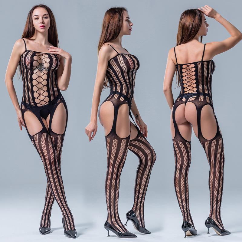 Hot Sale: Vertical Stripe Mesh Dress with Suspender Chest Wrap, Hollow Socks, and Open Crotch Pajamas.