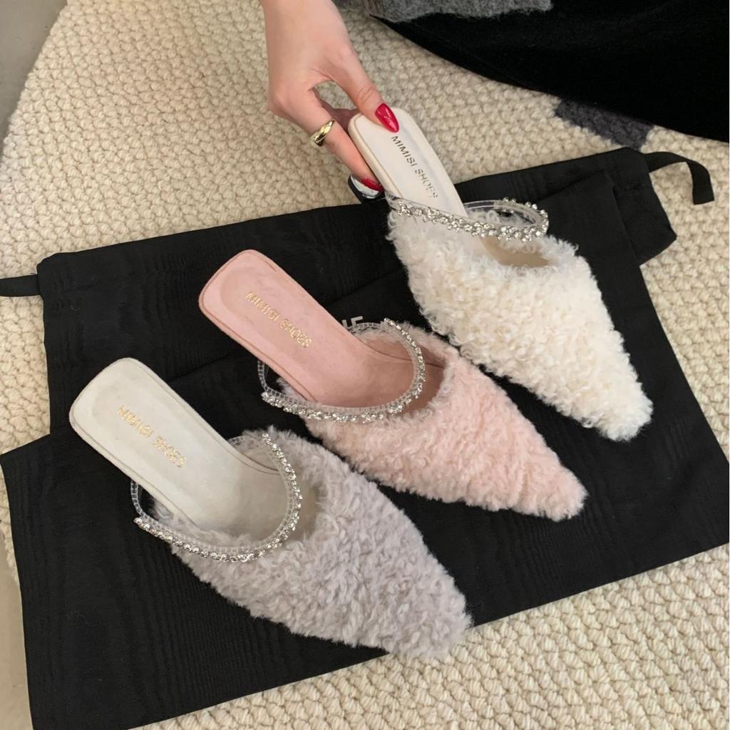 Plush pointed rhinestone half slippers women's 2025 autumn French muller shoes