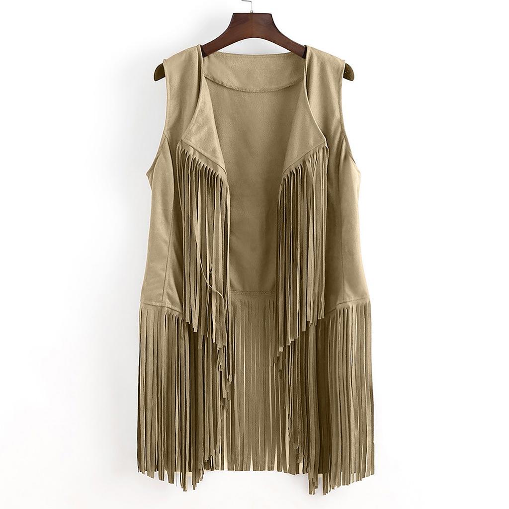 Mujer Otoño Invierno Ante Étnico Sin Mangas Borlas Chaleco Con Flecos Cárdigan