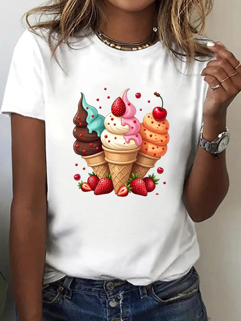 Vibrant Summer and Spring TShirt for Women Colorful Ice Cream Cone Strawberry Print TShirt Casual Crew Neck Short Sleeve Top