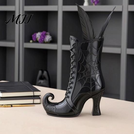 Mysterious Desktop Accent Gothic Witch Boot Vase, Halloween Table Centerpiece Black Spider Web Style Gift High Heel, Flower Holder for
