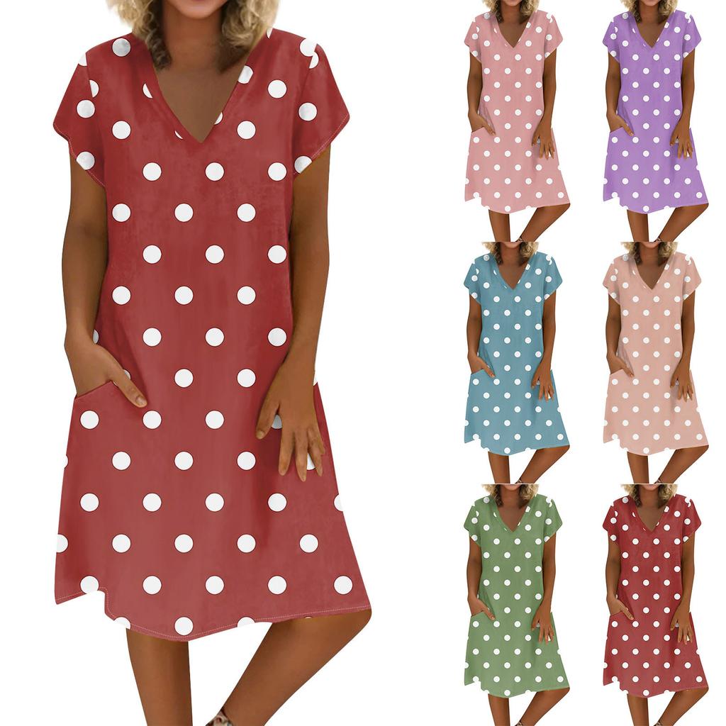 Women's Summer V-neck Short Sleeve Printed Cotton And Linen Dress