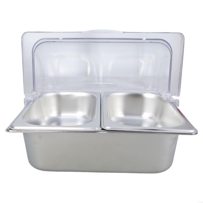 Stainless Steel 2 Compartment Buffet Tray with Clear Roll Top Lid for Restaurant Condiment Dispenser Food Display Pan