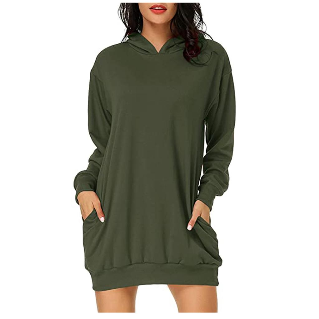 Women's Long-sleeved Pocket Pullover Hoodie Dress Waist Sweatshirt Solid Tops