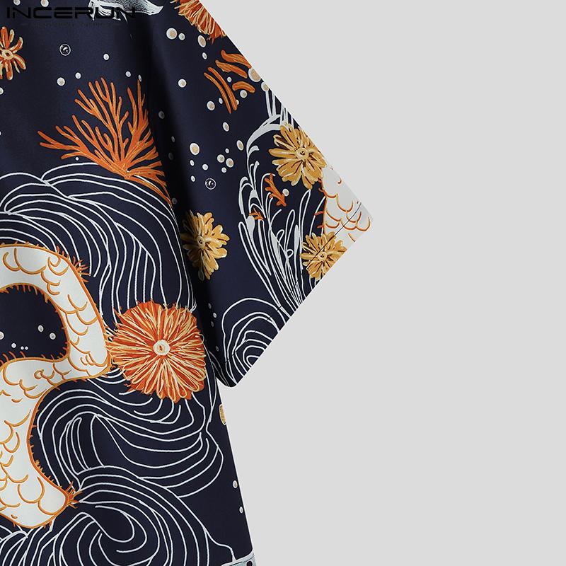 INCERUN Men Lapel Neck Short Sleeve Print Buttons Casual Oversized Shirts