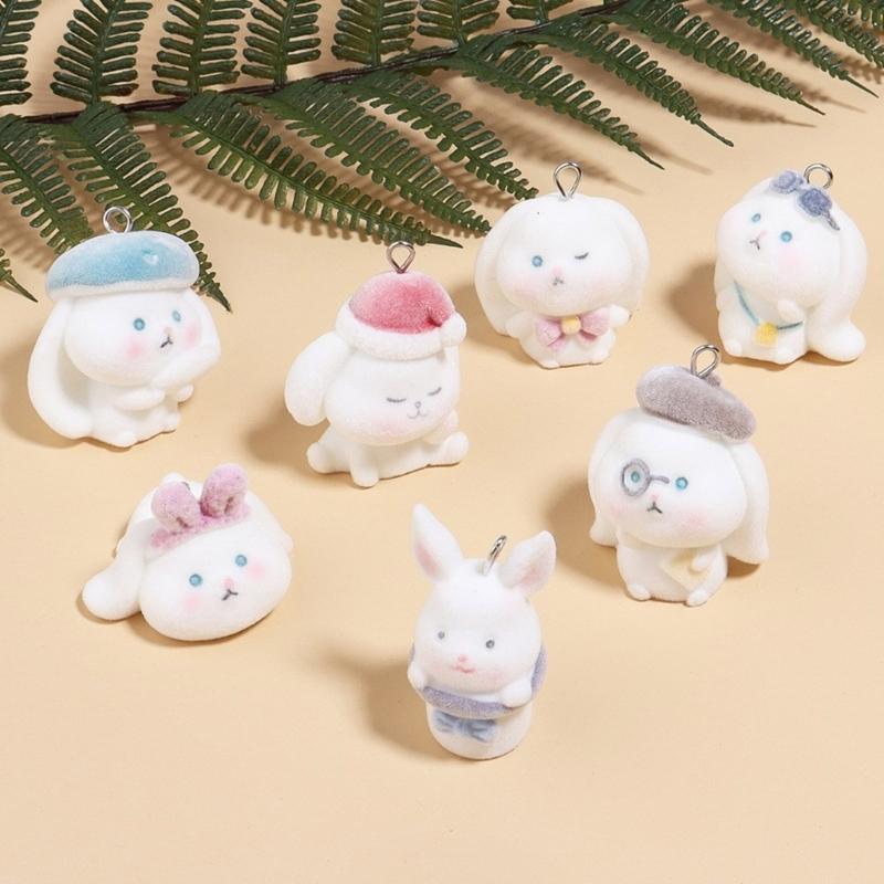 Fashionable Flocking Sturdy Resin Rabbits Charm for Craft Supplies Customizable Lovely Animal Pendants Daily Use