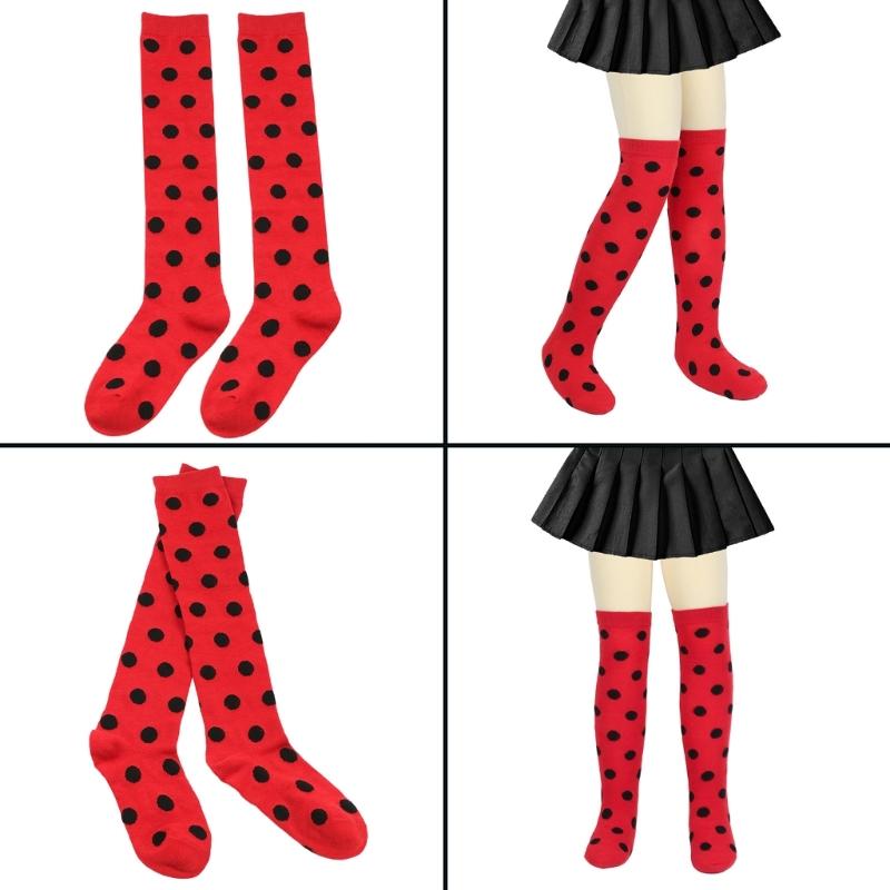Children's Ladybird Dots Costume Socks Breathable Fabric Thigh High Long Stockings for Stage and Play 7-12 Years Old