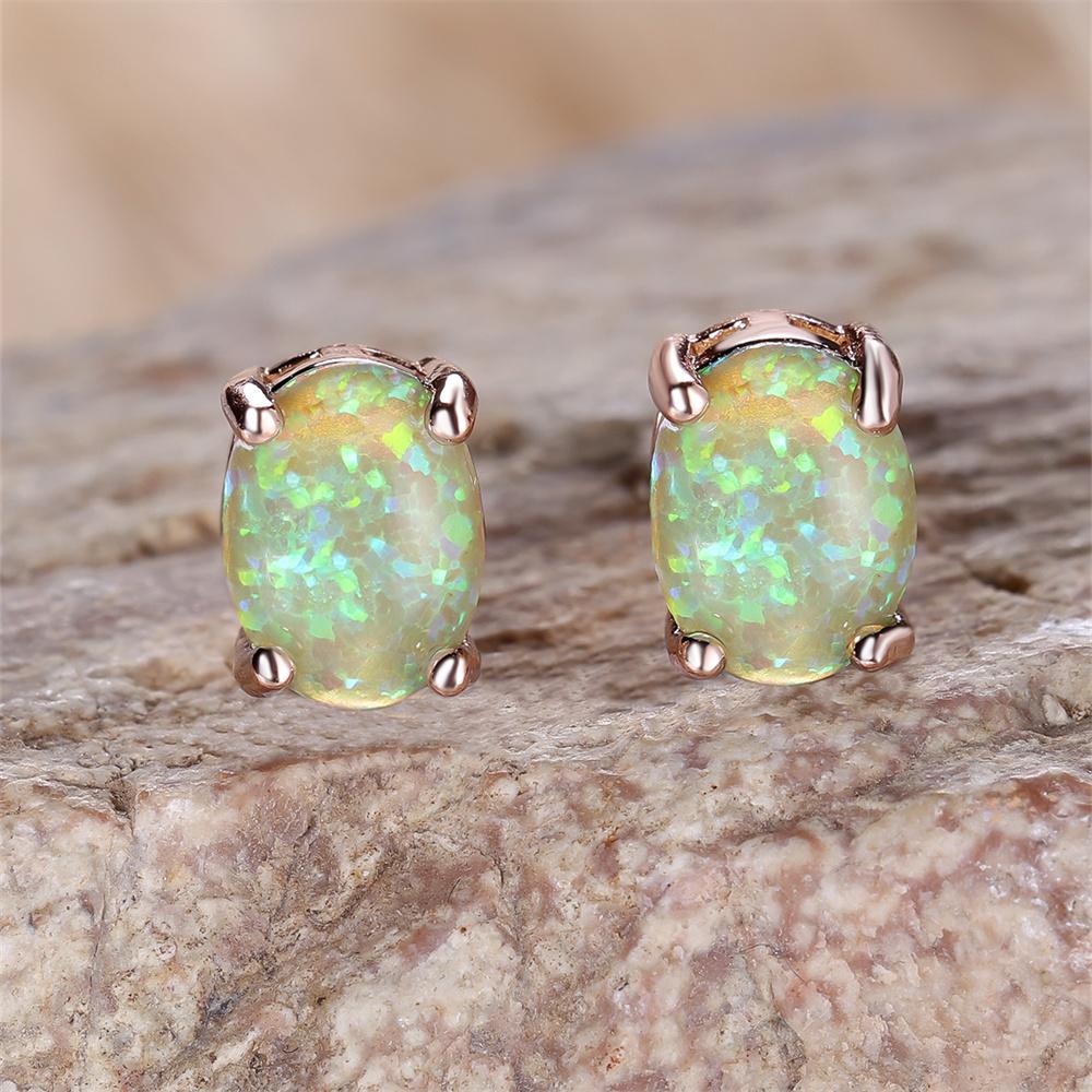 Green Blue White Opal Small Oval Stone Stud Earrings For Women Vintage Rose Gold Color Wedding Jewelry Bridal Engagement Gifts