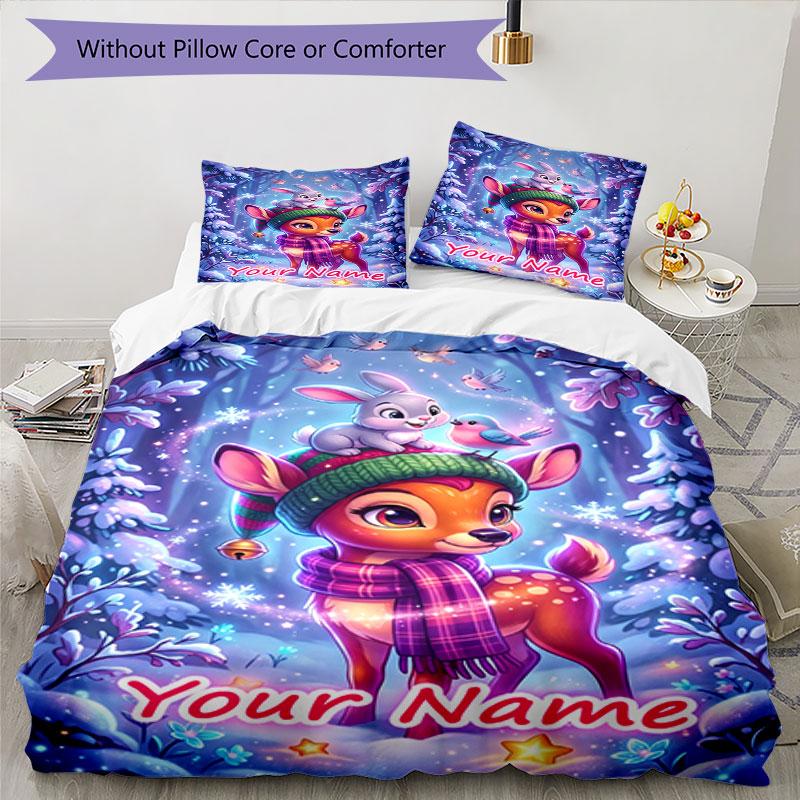3PC Custom Name Winter Forest Friends Bedding Set Duvet Cover Closure Includes 1 Duvet Cover & 2 Pillowcases for Bedroom
