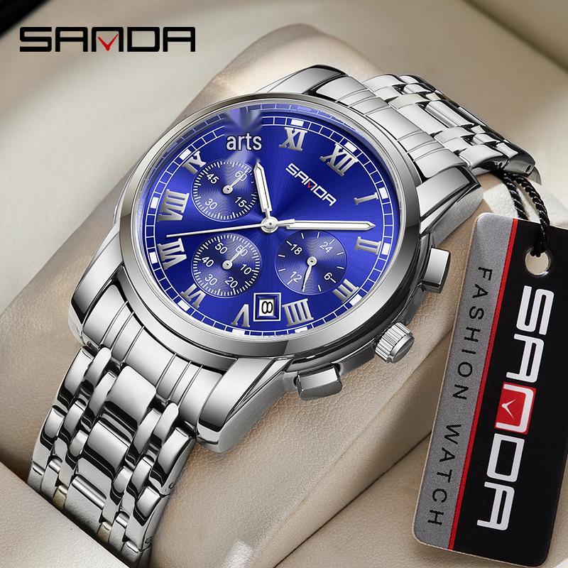 Sanda Men's Waterproof Luminous Quartz Watch - Fashionable Three-Eye Six-Hand Design with Steel Band.