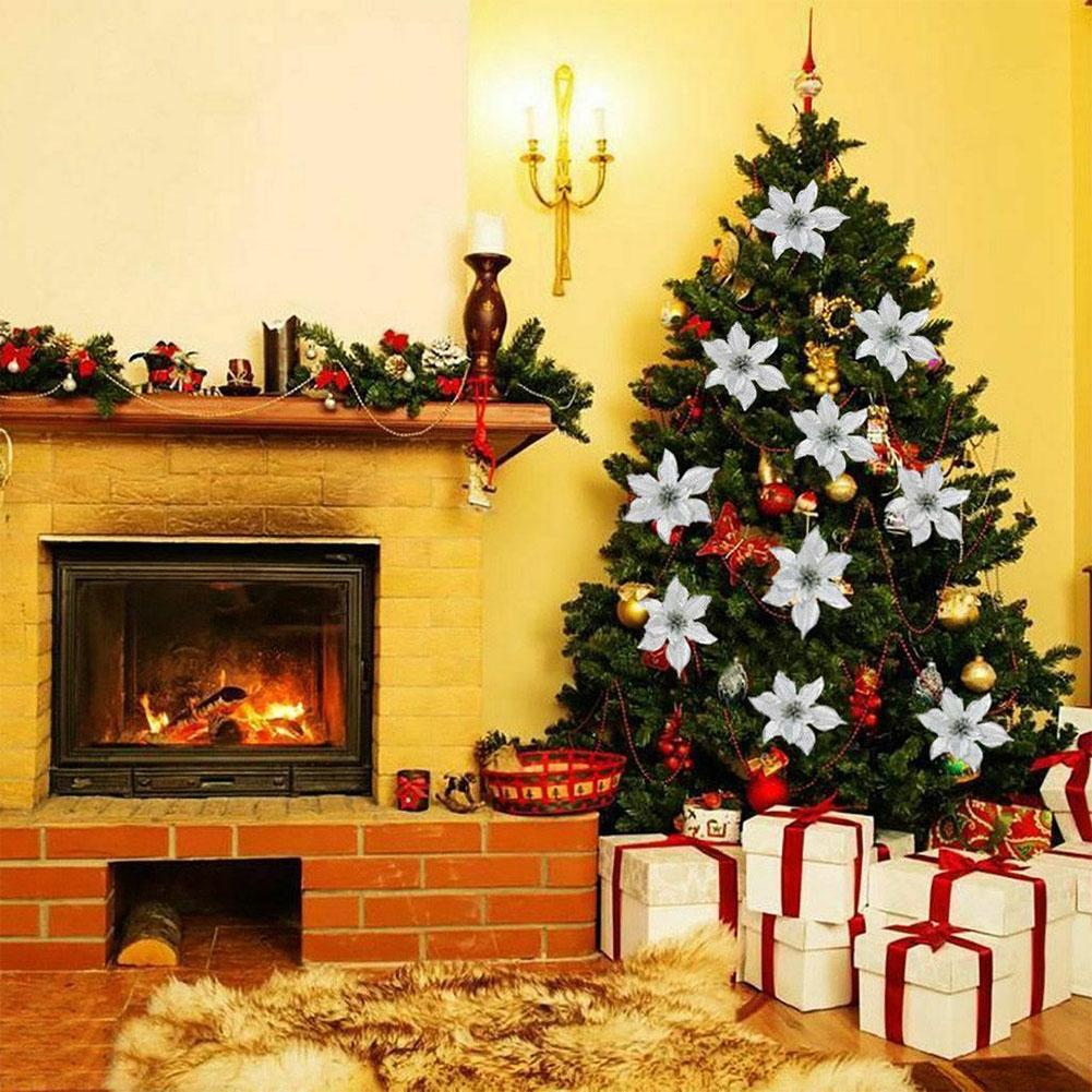 5/24PCS Glitter Artificial Poinsettia Christmas Tree Ornament Home Decor Flower