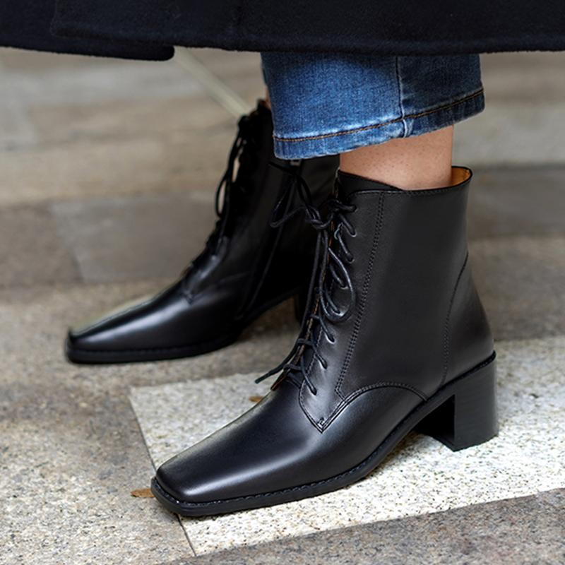 Fashion 2025 New Women Shoes Genuine Leather Ankle Boots Lace-up Thick Heels Motorcycle Boots Square Toe Warm Short Street Fashion Boots