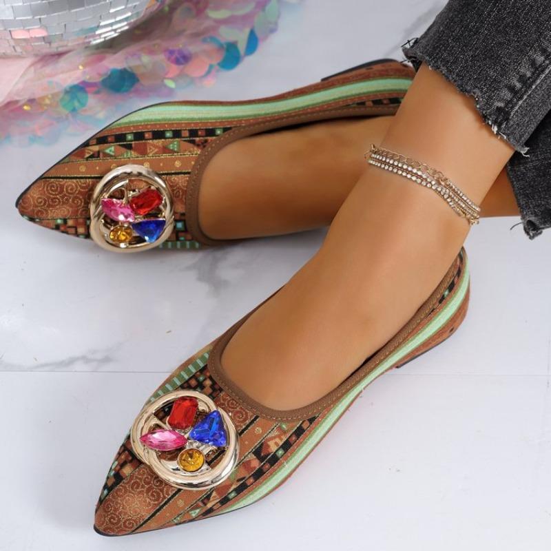 Damen Mittelgröße Metallschnalle Niedriger Absatz Graffiti Spitzschuh Tiefe Ausschnitte Ballerinas Retro Römischer Stil Neue Herbstschuhe