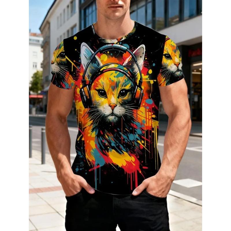 Summer Men's Cat 3D Printed Crew Neck T-Shirt Fashion Versatile