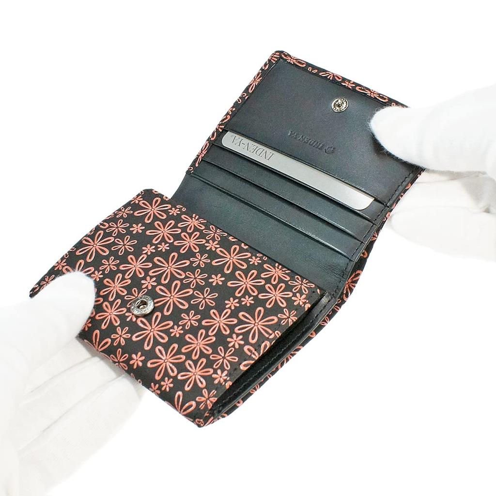 Inden Bill Compartment Coin Black with Pink Snowdrop [Inden-ya] Bi-fold Wallet, H, Box-type Purse, Deerskin, Pattern, Pattern, 2204-51-160