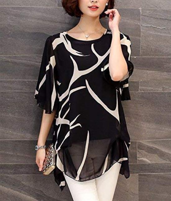 Aspersio Beautiful Chiffon Design Tops Flared Sleeves Sleeves Tunic Sleeves Slimming Pullover Shirt Sexy Striped Casual Cute Loose Satin Bicolor Round