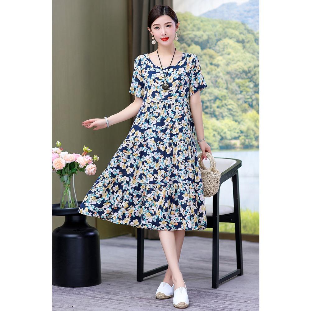 Summer Short-sleeved, Loose and Long Artificial Cotton Dress for Middle-aged and Elderly Women