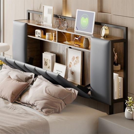 Upholstery Bed 160x200 Cm, Multifunctional Bed with LED Light, USB Socket, Drawers, Solid Iron Bed Frame, Youth Bed, Adult Bed, Double Bed, Synthetic