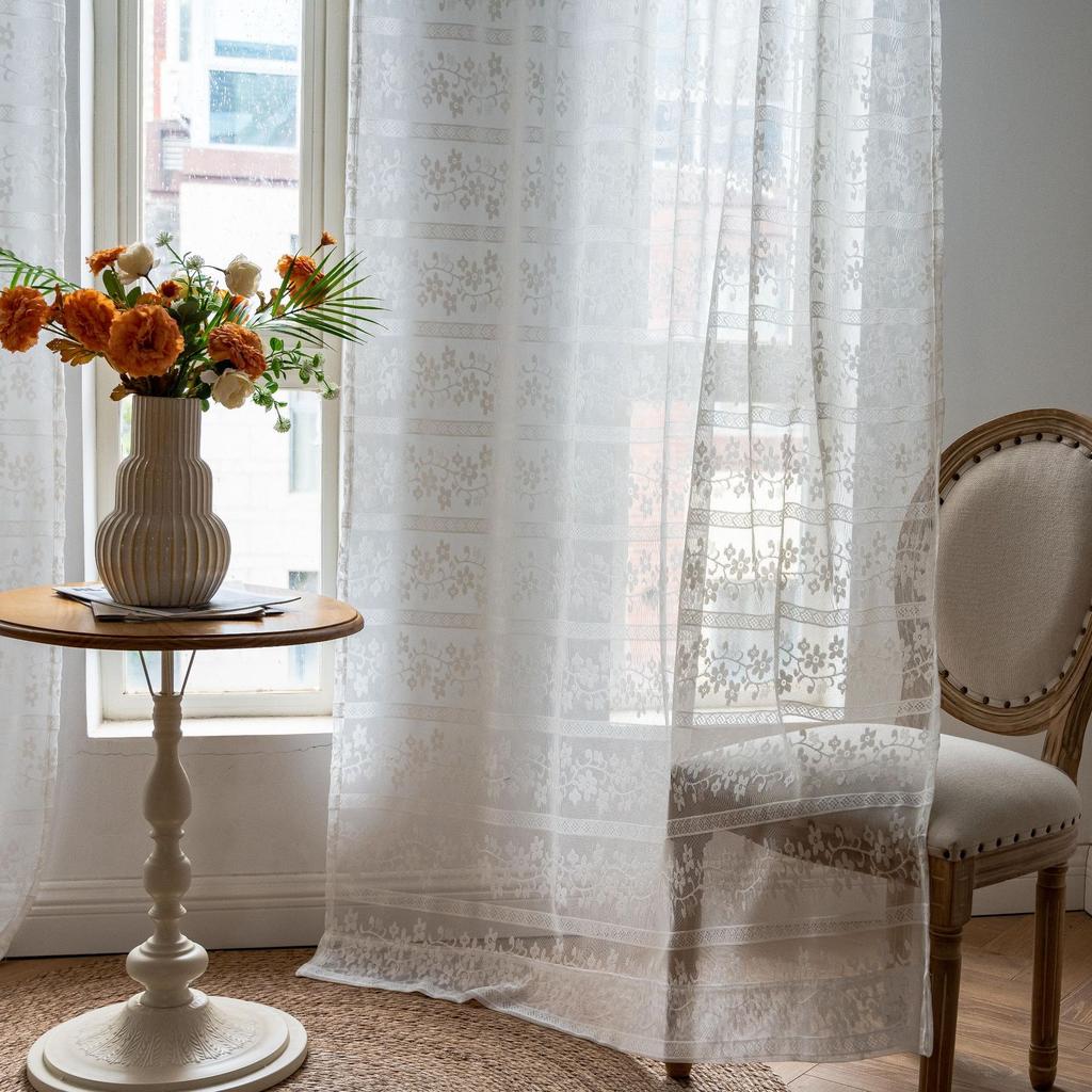 White Lace Flower Jacquard Curtain Finished Gauze Curtain Living Room Balcony Bedroom Non-Punching Curtain Finished Curtain
