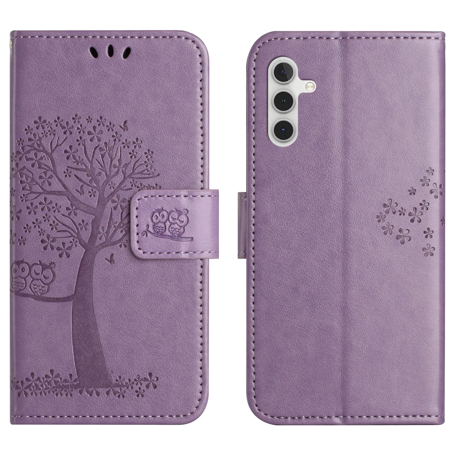 

For Samsung Galaxy S25 FE Case PU Leather Owl Tree Imprinted Wallet Phone Cover with Strap G