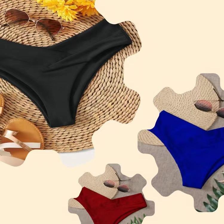 Chiloți de baie triunghiulari vintage fără cusături pentru femei - Costume de baie retro în culori uni