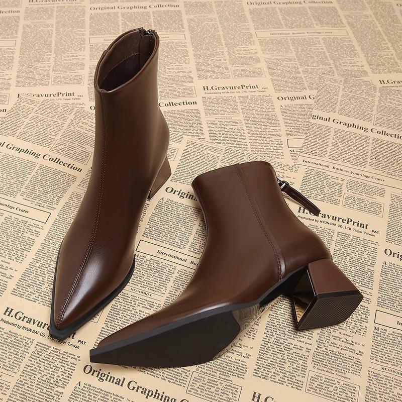 Premium Short Boots Women's Thick Heel Small Fragrant Pointed Martin Boots High Heels Small Ankle Boots Korean Black Thin Boots