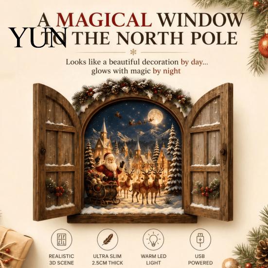 Rustic Wooden Window Frame Santa Claus Light, 3D Lighted Christmas Wall Decor, Warm LED Reindeer Snowy Gift for Family Village Scene, USB Powered