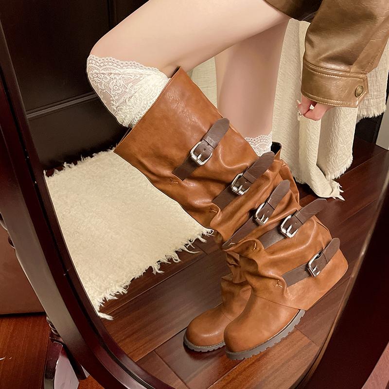 Fashion New Style Fashionable Romance Knight Boots Women's Chunky Heel Mid-Calf Western Cowboy Boots Eepskin Leather Boots Zapatos Mujer