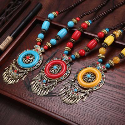 Ethnic Style Vintage Beads Necklace Statement Pendant Jewelry Sweater Chain Accessories