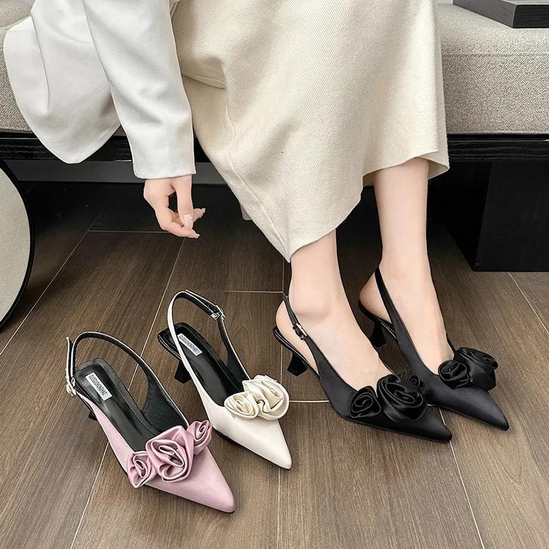 Pointed Flower High Heels Sandals for Women  Summer Fashion Sexy Pointed Toe Mules Shoes Woman Back Strap Party Dress Pumps