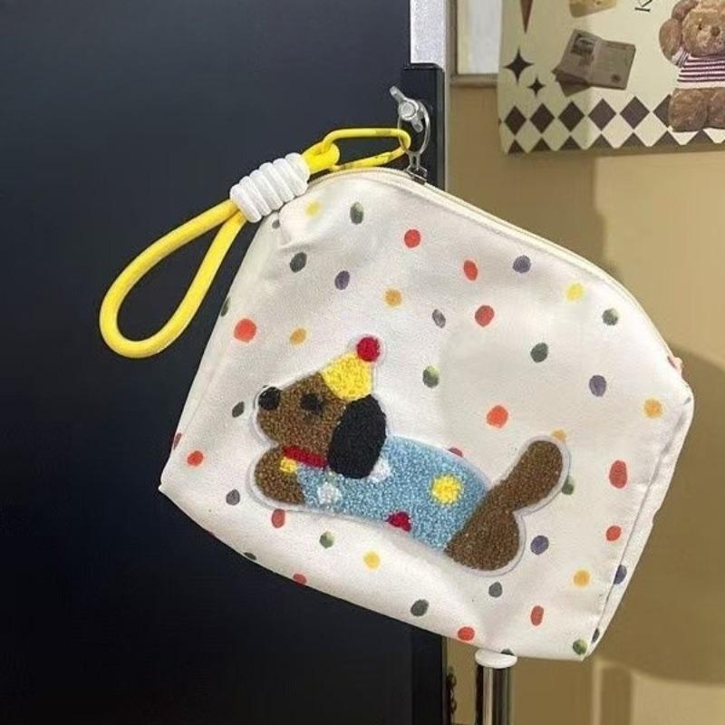 Cute Dog Embroidered Cosmetic Bag Women Canvas Makeup Bag Portable Zipper Toiletry Organizer Travel Storage Pouch