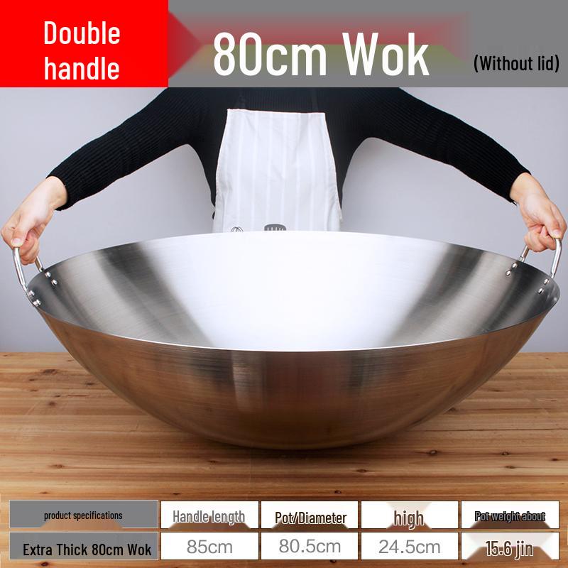 Extra Thick Non-Magnetic Stainless Steel Wok, 34-100cm Round Bottom with Double Ears for Commercial Use