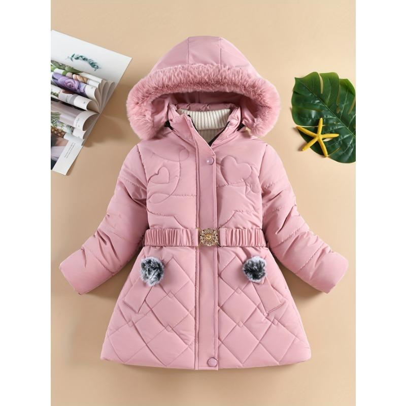 

[Stylish Coat] Winter Coat | Stylish Girls Parka with Faux Fur Hood, Heart-Shaped Diamond Pattern, Warm Mid-Length - Beige, Polyester 140cm рожевий