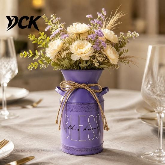 Stabile Schmiedeeisen-Handwerkskunst Vintage Metallmilchkannen-Vase, Bauernhaus-Blumenkübel mit Griffen & Jute Innenfenster-Ausstellungsdekor-Schleife, Shabby Dekorativ