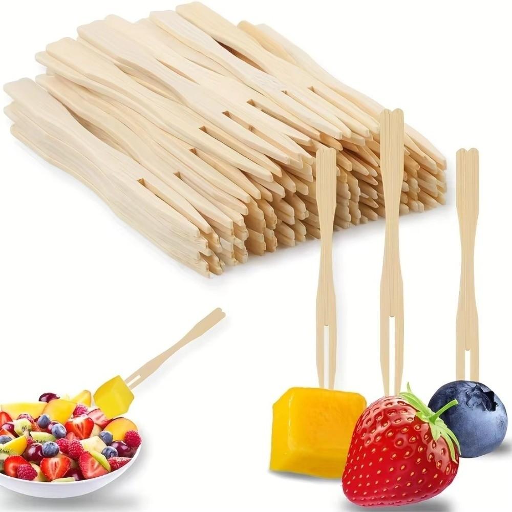100Pcs Tableware Love Shaped Top Bamboo Disposable Fork Eco-Friendly Mini Dessert Fork Bamboo Appetizer Forks Restaurant Use