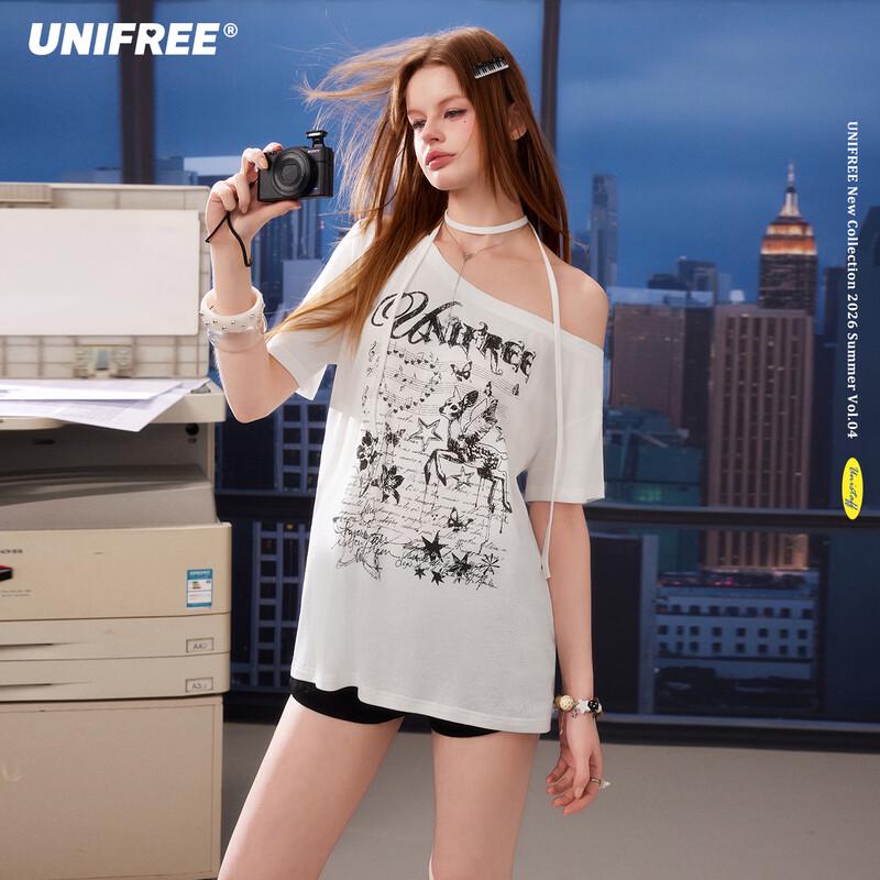UNIFREE 2026 Summer Deer Print Off-Shoulder T-Shirt with Scarf S