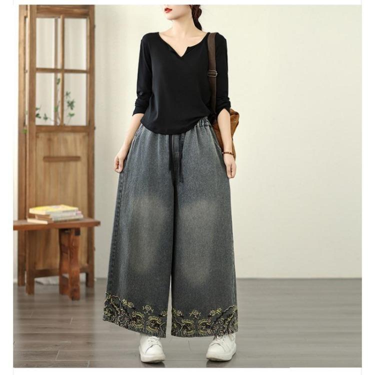New Plus Size Women Jeans Loose Denim Trousers Casual Big Size Long Pants Autumn Embroidery