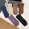New leather gloves winter women's velvet thickened warm windproof cold outdoor riding driving five fingers