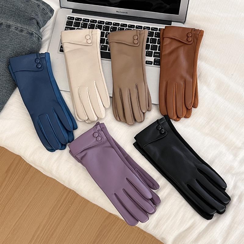 New leather gloves winter women's velvet thickened warm windproof cold outdoor riding driving five fingers