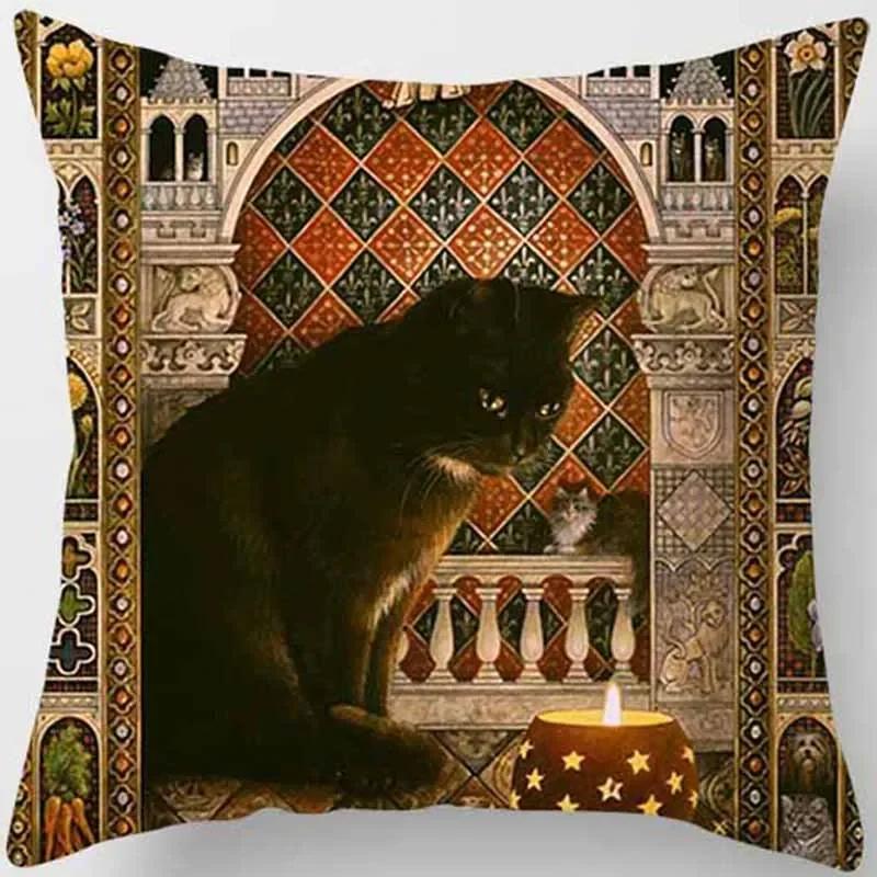 Vintage Cat Print Pattern Cushion Cover for Home Living Room Sofa Car Decoration Waist  Pillow